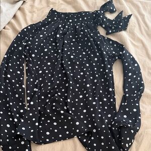 Womens Black Polka Dot Long-Sleeve Tie-Neck Top